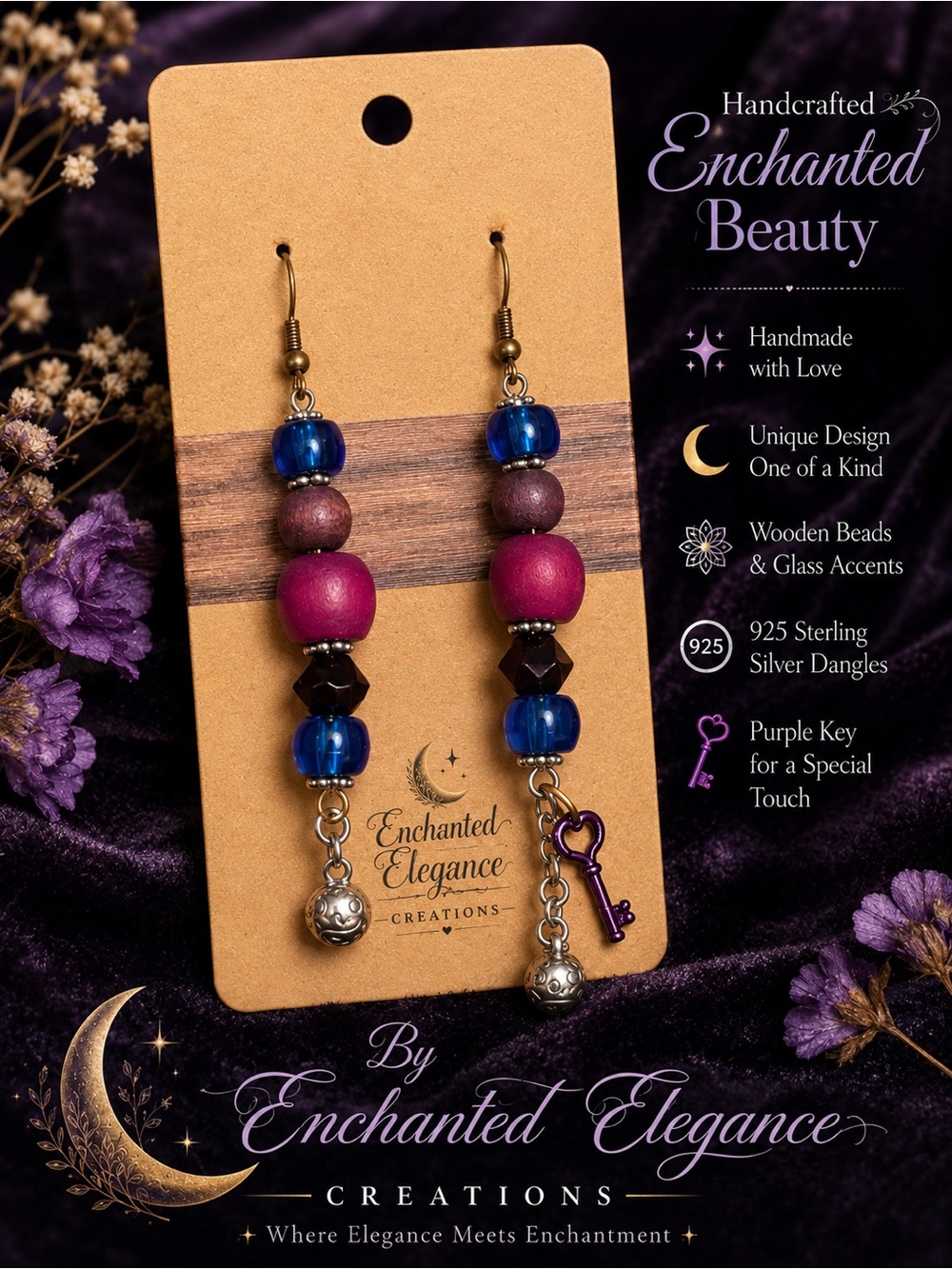 Enchanted Elegance Kids Dangle Earrings — Purple & Blue Bead Key